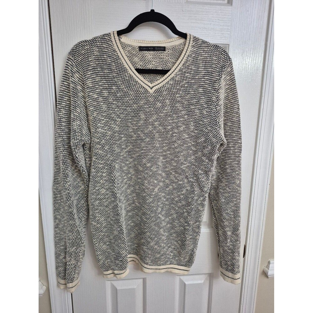 Zara Man Textured Waffle Knit V-Neck Sweater Ivory Black Mens Size L Cream